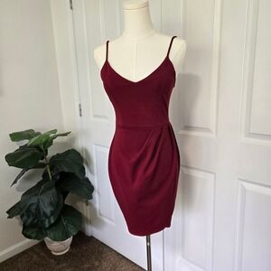 Lulus Cocktail Dress Women XS Burgundy Red V-Neck Tulip Wrap Spaghetti Strap USA